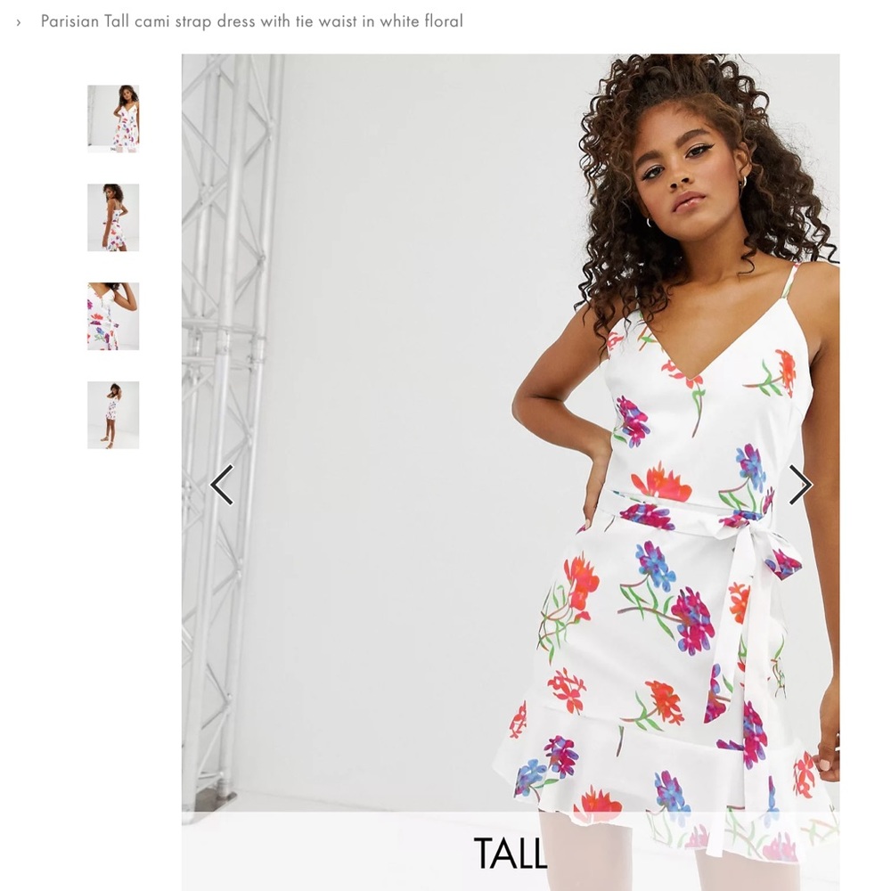 ASOS Tall Parisian Cami Strap Dress with Tie Waist in White Floral, Size 6